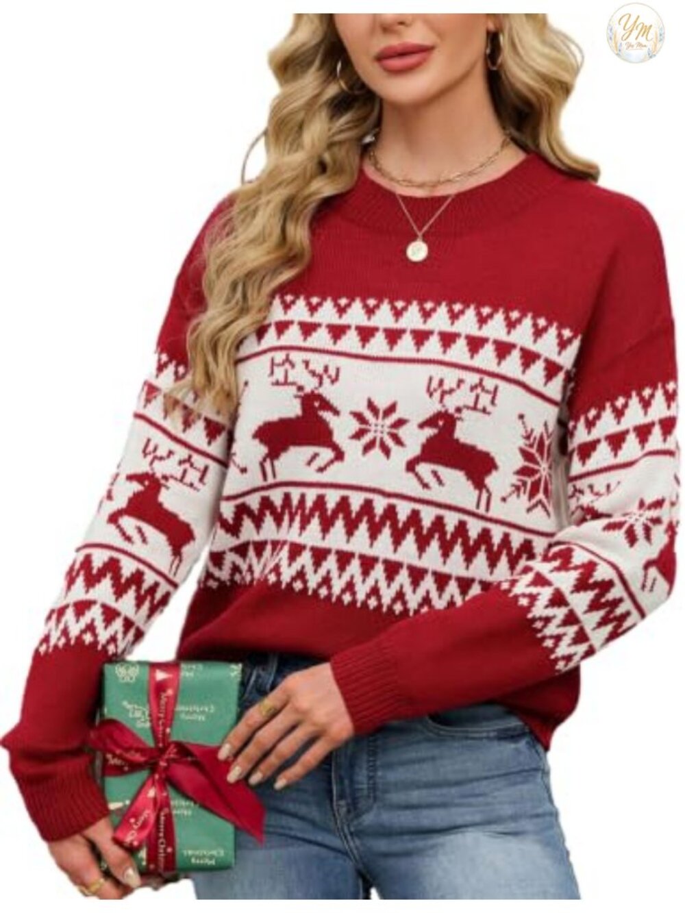 Womens Christmas Pullover Sweater Crew Neck Long Sleeve Knit